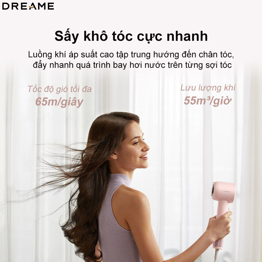 Sấy khô tóc cực nhanh với tốc độ gió tối đa 65m/giây